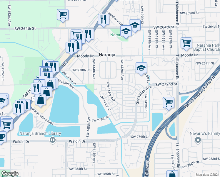 map of restaurants, bars, coffee shops, grocery stores, and more near 27277 Southwest 143rd Avenue in Homestead