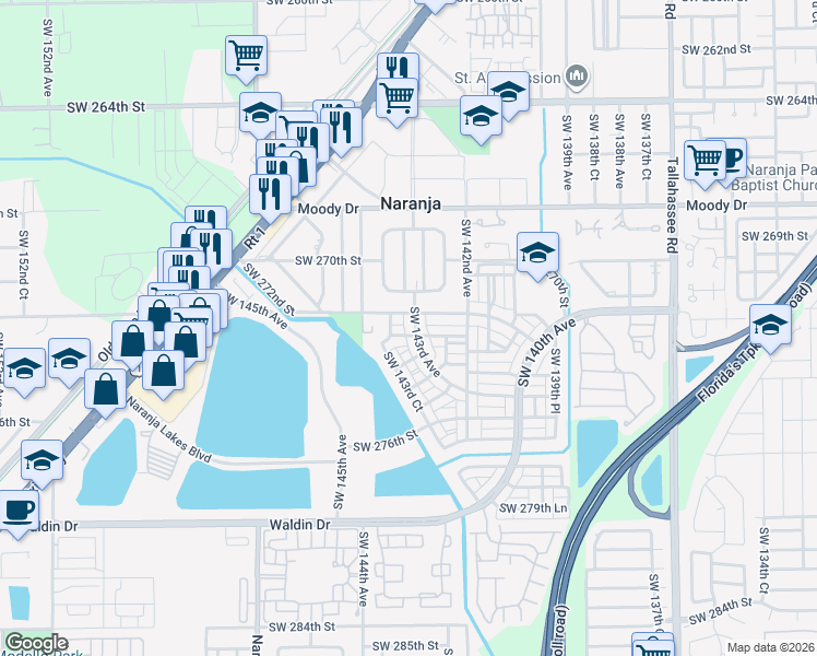 map of restaurants, bars, coffee shops, grocery stores, and more near 27258 Southwest 143rd Avenue in Homestead