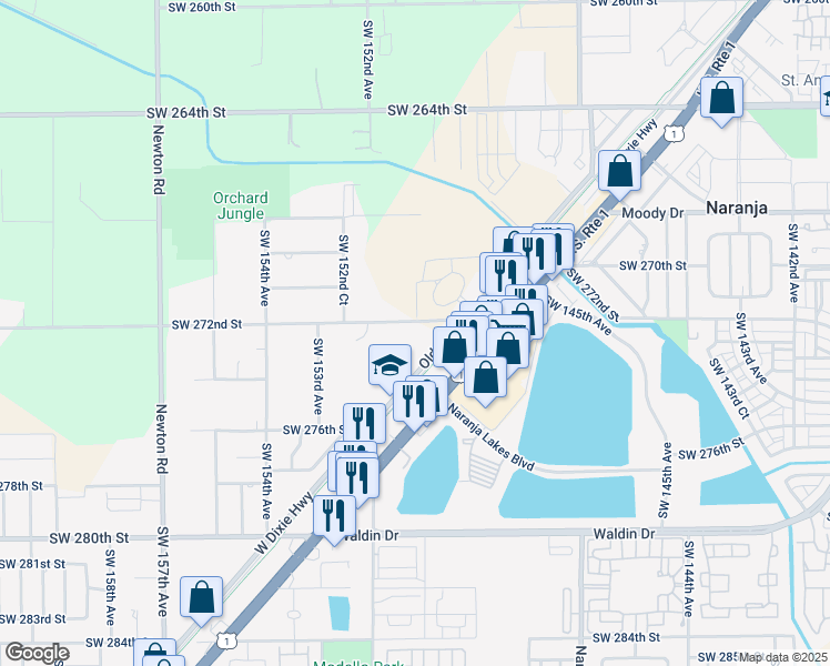 map of restaurants, bars, coffee shops, grocery stores, and more near 27200 Old Dixie Highway in Homestead