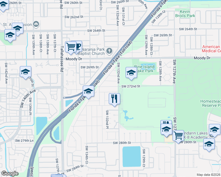 map of restaurants, bars, coffee shops, grocery stores, and more near 27284 Southwest 132nd Avenue in Princeton