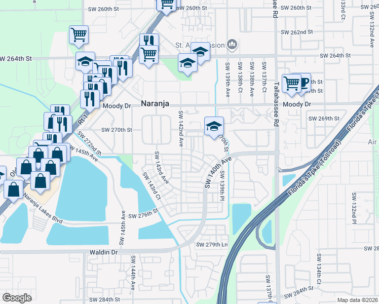 map of restaurants, bars, coffee shops, grocery stores, and more near 27121 Southwest 140th Path in Homestead