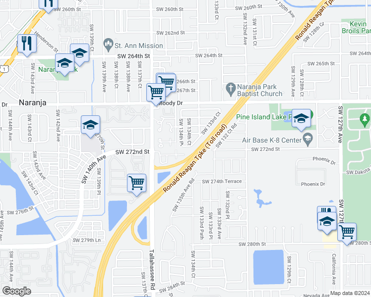 map of restaurants, bars, coffee shops, grocery stores, and more near 13460 Southwest 271st Lane in Homestead