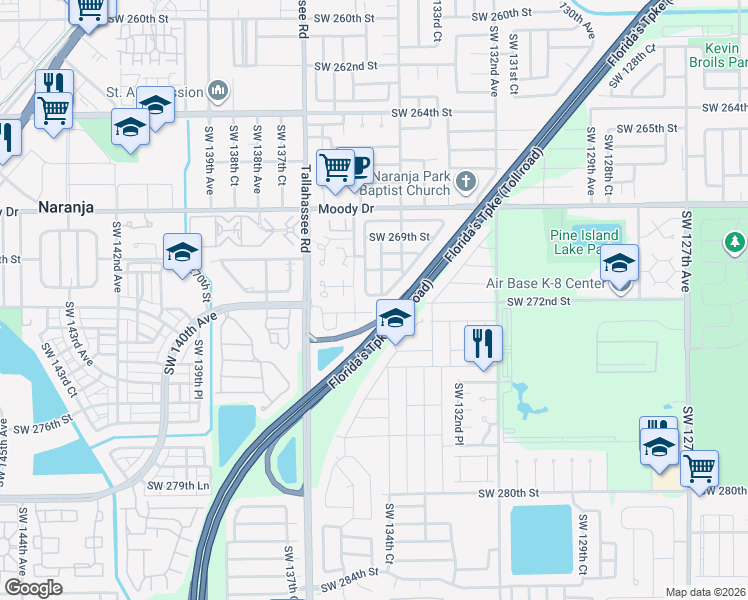 map of restaurants, bars, coffee shops, grocery stores, and more near 13460 Southwest 271st Lane in Homestead
