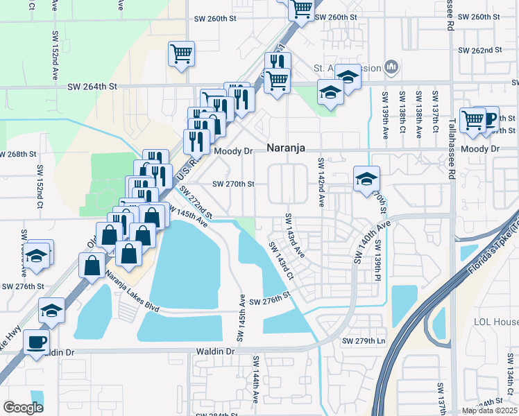 map of restaurants, bars, coffee shops, grocery stores, and more near 27150 Southwest 143rd Court in Naranja