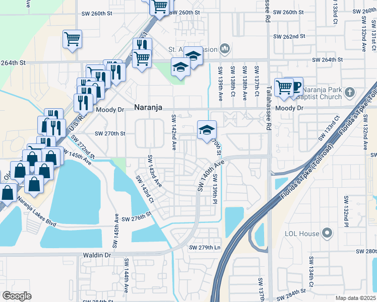 map of restaurants, bars, coffee shops, grocery stores, and more near 27121 Southwest 140th Path in Homestead