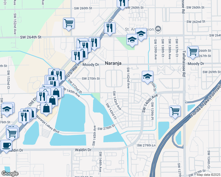 map of restaurants, bars, coffee shops, grocery stores, and more near 14290 Southwest 271st Terrace in Homestead