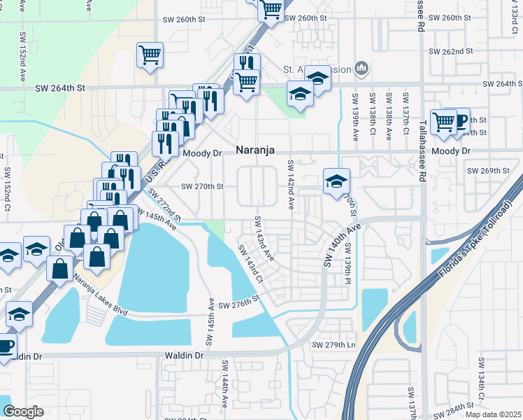 map of restaurants, bars, coffee shops, grocery stores, and more near 14290 Southwest 271st Terrace in Homestead