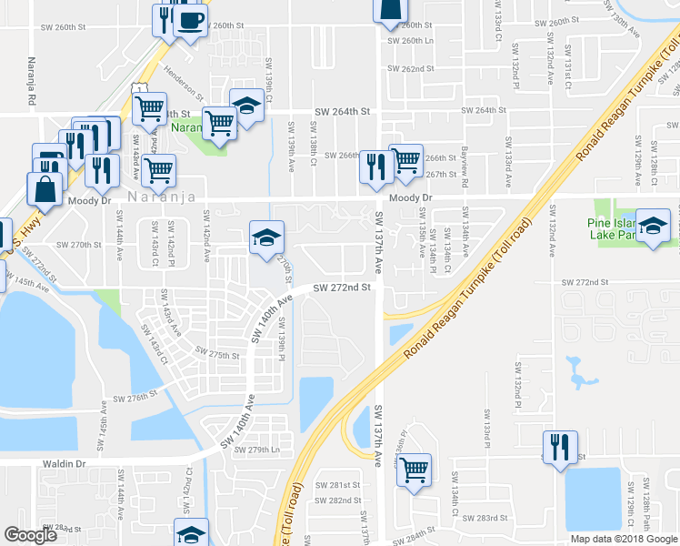 map of restaurants, bars, coffee shops, grocery stores, and more near 13815 Southwest 271st Terrace in Naranja