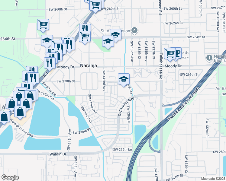 map of restaurants, bars, coffee shops, grocery stores, and more near 27121 Southwest 140th Path in Homestead