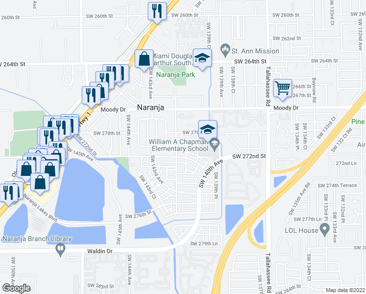 map of restaurants, bars, coffee shops, grocery stores, and more near 27122 Southwest 140th Passage in Homestead