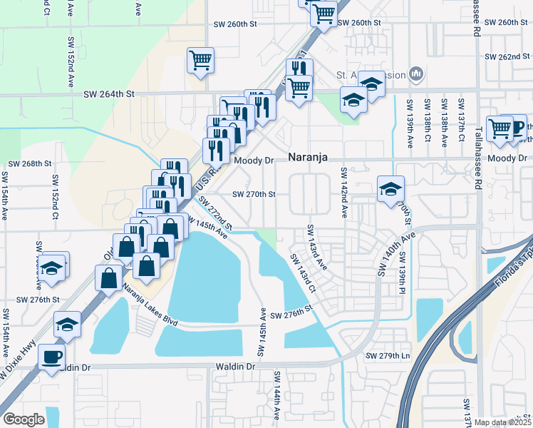 map of restaurants, bars, coffee shops, grocery stores, and more near 27101 Southwest 144th Court in Naranja