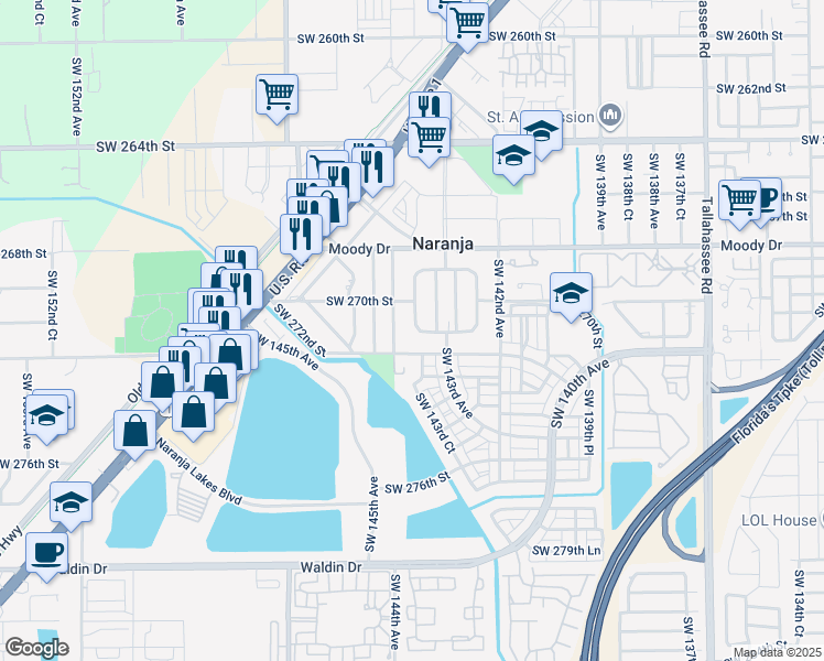map of restaurants, bars, coffee shops, grocery stores, and more near 27150 Southwest 143rd Court in Naranja