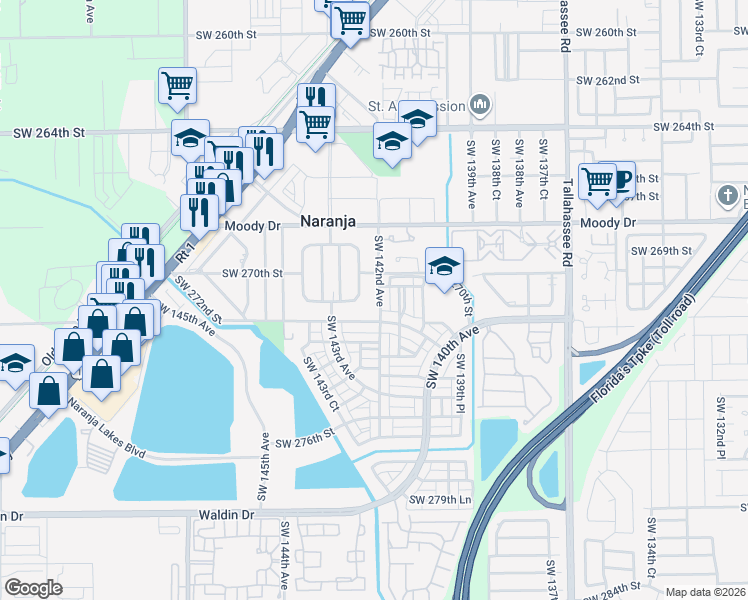 map of restaurants, bars, coffee shops, grocery stores, and more near 27100 Southwest 142nd Avenue in Homestead