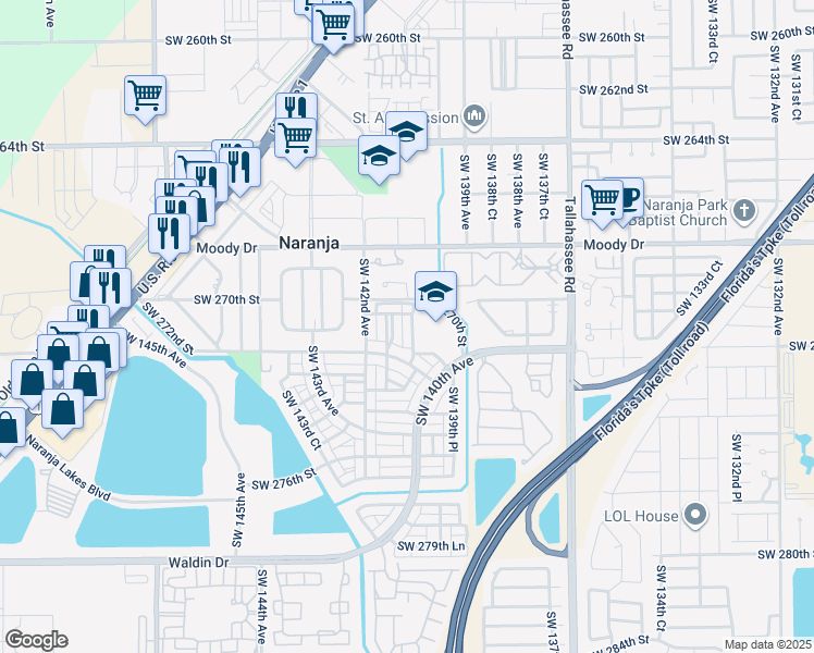 map of restaurants, bars, coffee shops, grocery stores, and more near 27121 Southwest 140th Path in Homestead