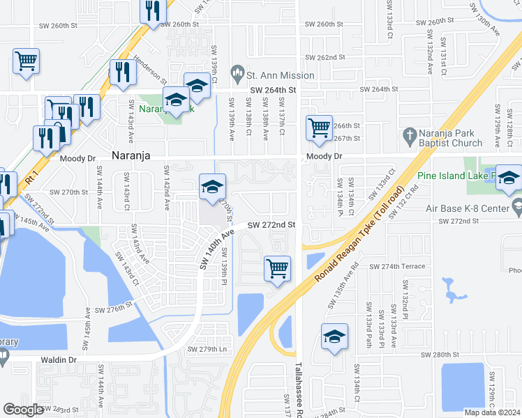 map of restaurants, bars, coffee shops, grocery stores, and more near 13815 Southwest 271st Terrace in Naranja