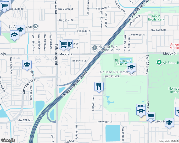 map of restaurants, bars, coffee shops, grocery stores, and more near 13281 Southwest 272nd Street in Homestead