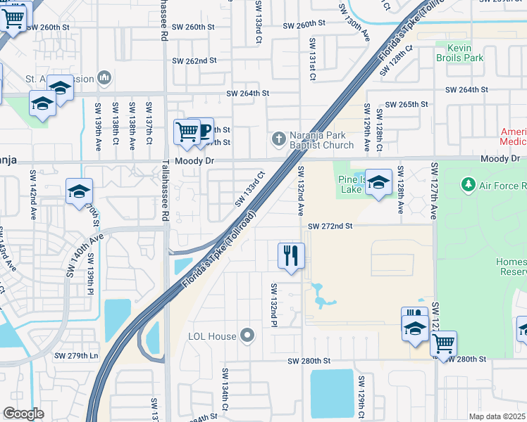 map of restaurants, bars, coffee shops, grocery stores, and more near 13281 Southwest 272nd Street in Homestead