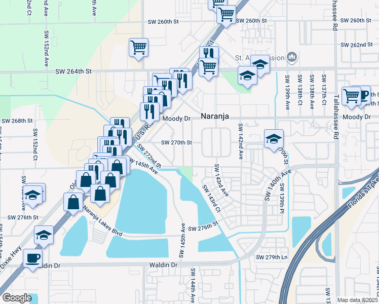 map of restaurants, bars, coffee shops, grocery stores, and more near 27101 Southwest 144th Court in Naranja