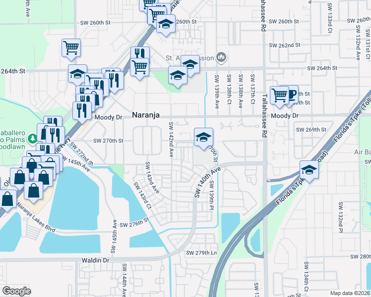 map of restaurants, bars, coffee shops, grocery stores, and more near 27121 Southwest 140th Path in Homestead
