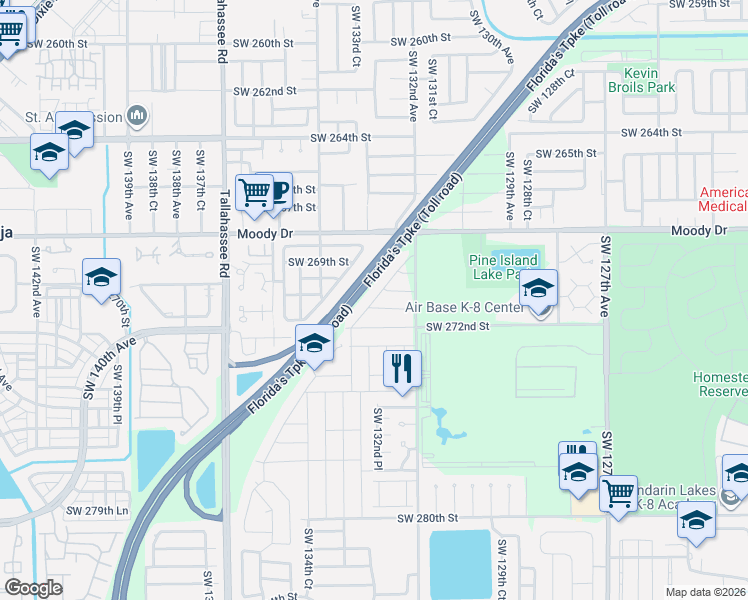 map of restaurants, bars, coffee shops, grocery stores, and more near 13281 Southwest 272nd Street in Homestead
