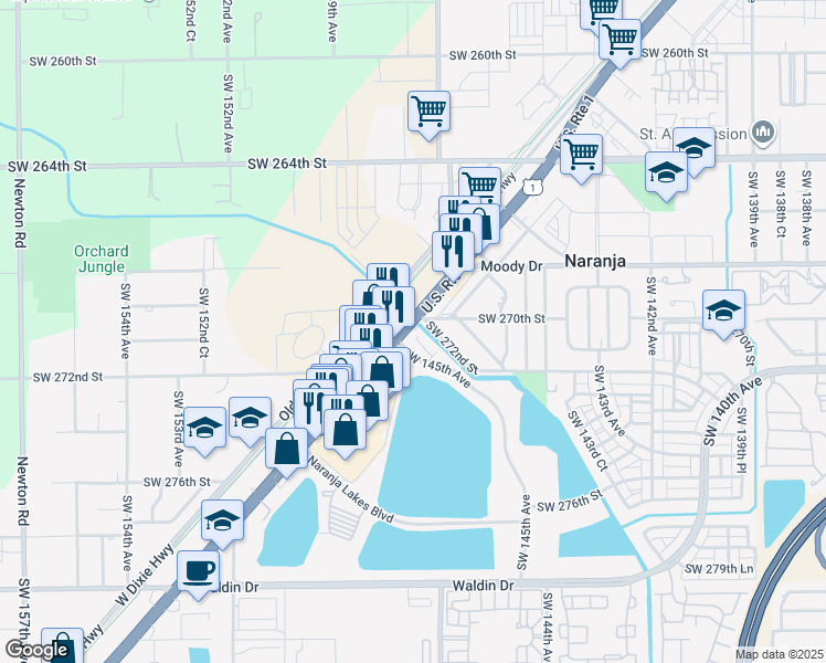 map of restaurants, bars, coffee shops, grocery stores, and more near in Naranja