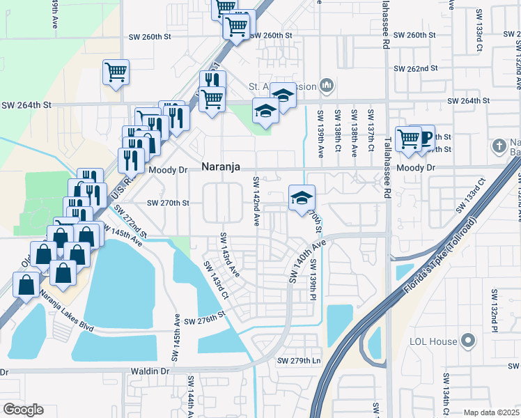 map of restaurants, bars, coffee shops, grocery stores, and more near 26940 Southwest 142nd Avenue in Homestead