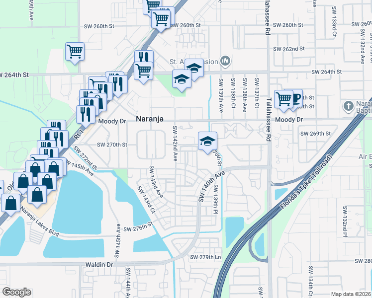 map of restaurants, bars, coffee shops, grocery stores, and more near 14092 Southwest 269th Terrace in Homestead