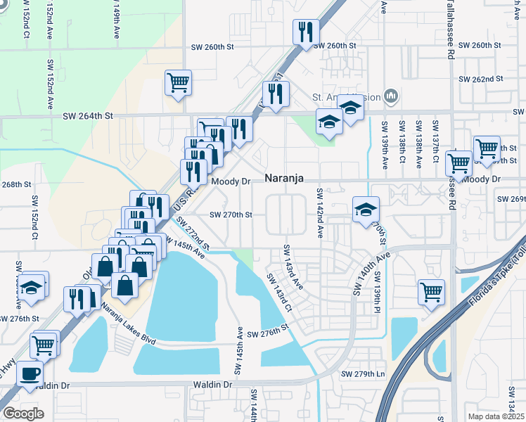 map of restaurants, bars, coffee shops, grocery stores, and more near 26920 Southwest 143rd Place in Naranja