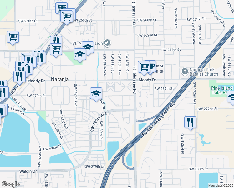 map of restaurants, bars, coffee shops, grocery stores, and more near 13819 Southwest 270th Street in Naranja