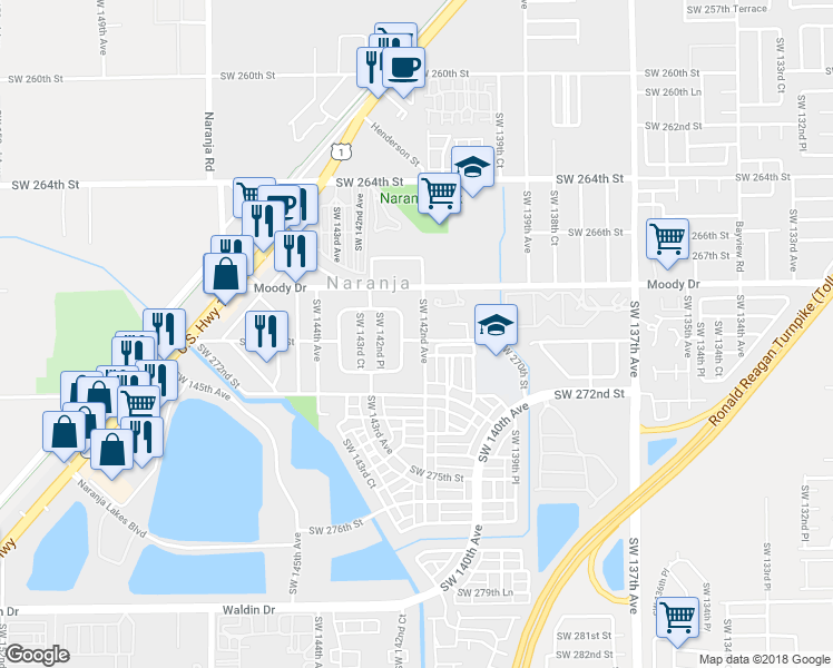 map of restaurants, bars, coffee shops, grocery stores, and more near 26940 Southwest 142nd Avenue in Homestead
