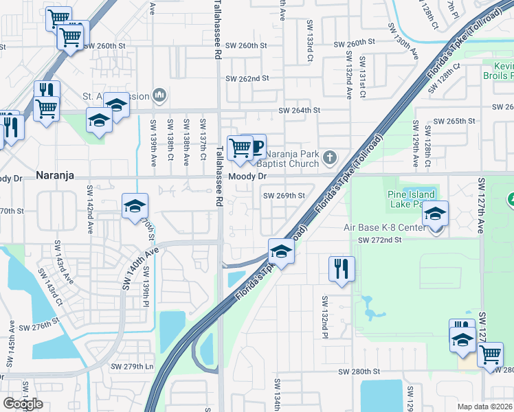 map of restaurants, bars, coffee shops, grocery stores, and more near 26990 Southwest 134th Place in Homestead