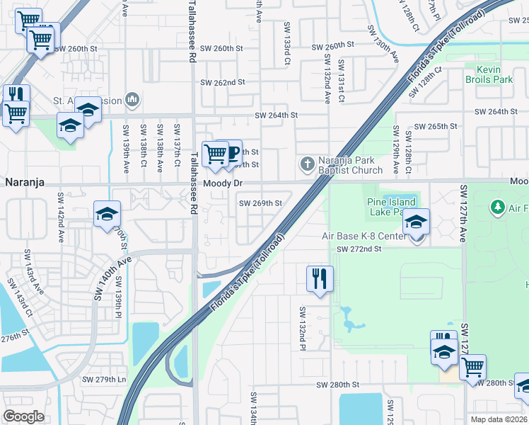 map of restaurants, bars, coffee shops, grocery stores, and more near 13425 Southwest 270th Street in Homestead