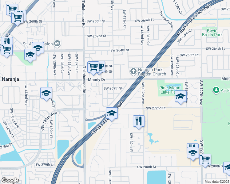 map of restaurants, bars, coffee shops, grocery stores, and more near 13425 Southwest 270th Street in Homestead