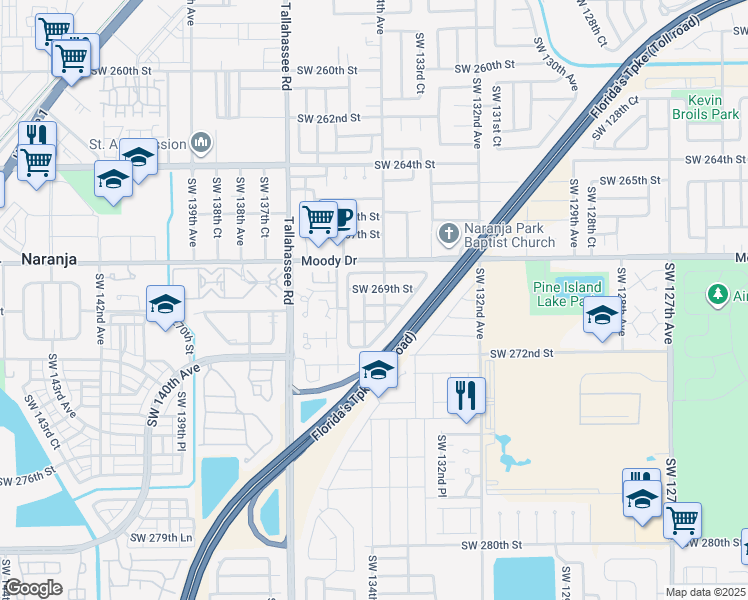 map of restaurants, bars, coffee shops, grocery stores, and more near 13425 Southwest 270th Street in Homestead