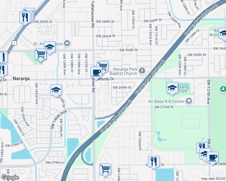 map of restaurants, bars, coffee shops, grocery stores, and more near 26990 Southwest 134th Place in Homestead