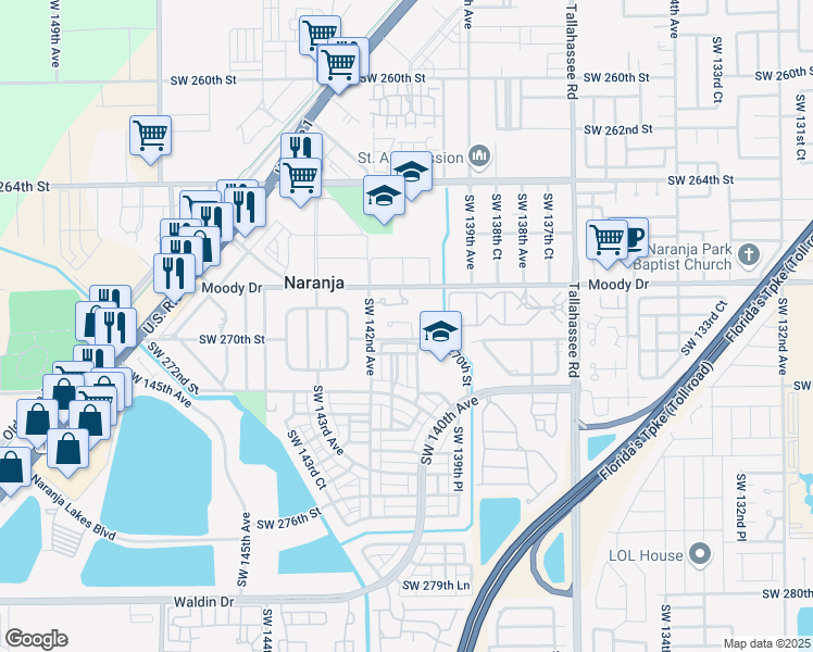 map of restaurants, bars, coffee shops, grocery stores, and more near 14092 Southwest 269th Terrace in Homestead
