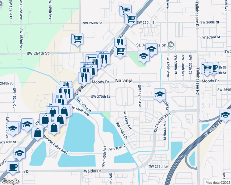 map of restaurants, bars, coffee shops, grocery stores, and more near 26920 Southwest 143rd Place in Naranja