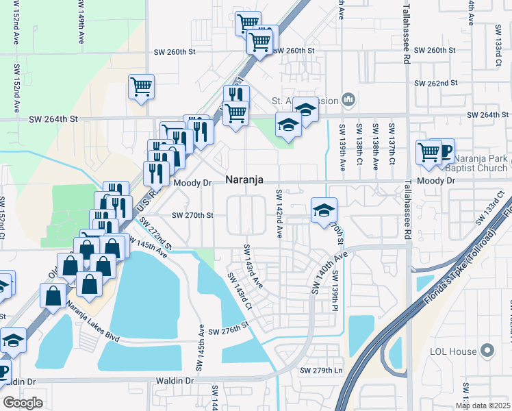 map of restaurants, bars, coffee shops, grocery stores, and more near 26920 Southwest 142nd Place in Homestead