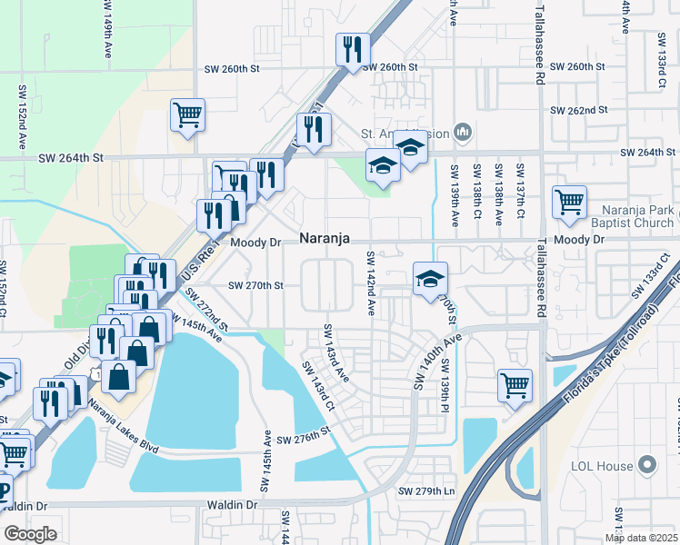 map of restaurants, bars, coffee shops, grocery stores, and more near 26920 Southwest 142nd Place in Homestead