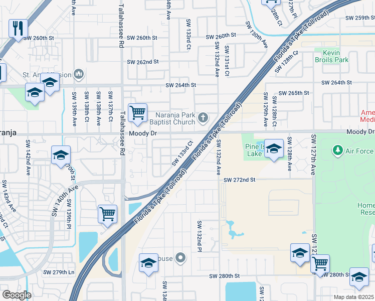 map of restaurants, bars, coffee shops, grocery stores, and more near 26971 Southwest 133rd Court in Princeton