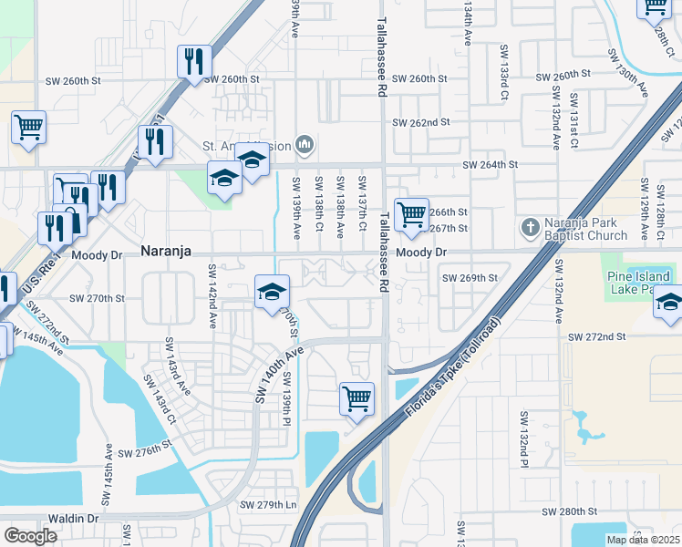 map of restaurants, bars, coffee shops, grocery stores, and more near 13819 Southwest 270th Street in Naranja