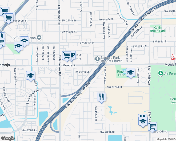 map of restaurants, bars, coffee shops, grocery stores, and more near 26971 Southwest 133rd Court in Princeton