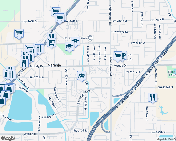 map of restaurants, bars, coffee shops, grocery stores, and more near 13800 Southwest 268th Street in Naranja