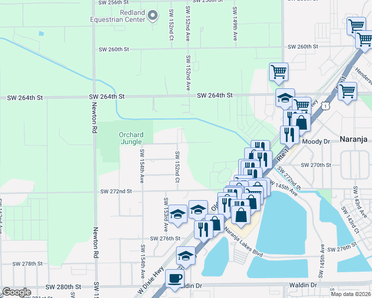 map of restaurants, bars, coffee shops, grocery stores, and more near 26805 Southwest 152nd Court in Homestead