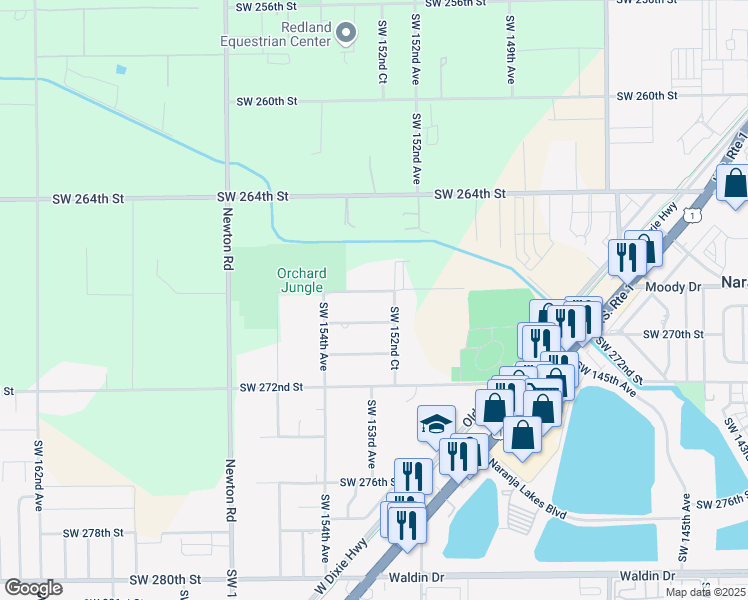 map of restaurants, bars, coffee shops, grocery stores, and more near 15295 Southwest 268th Street in Homestead