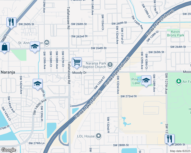 map of restaurants, bars, coffee shops, grocery stores, and more near 13351 Southwest 268th Terrace in Homestead