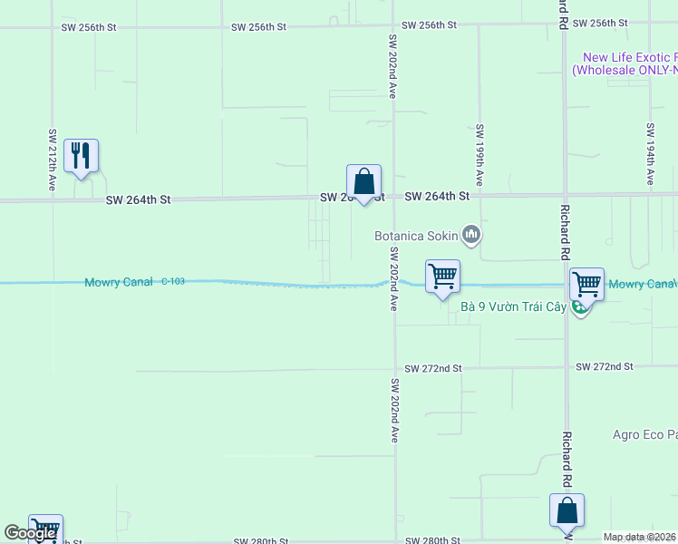 map of restaurants, bars, coffee shops, grocery stores, and more near 26720 Southwest 203rd Avenue in Homestead