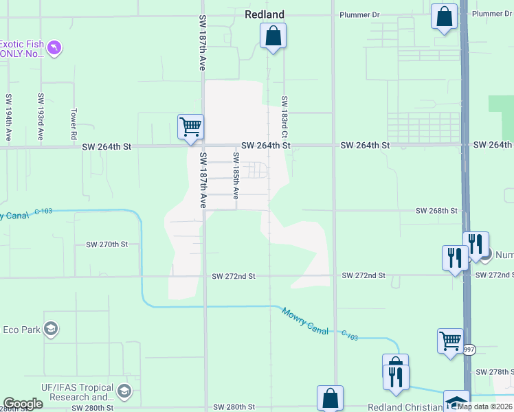 map of restaurants, bars, coffee shops, grocery stores, and more near 18440 Southwest 267th Street in Homestead