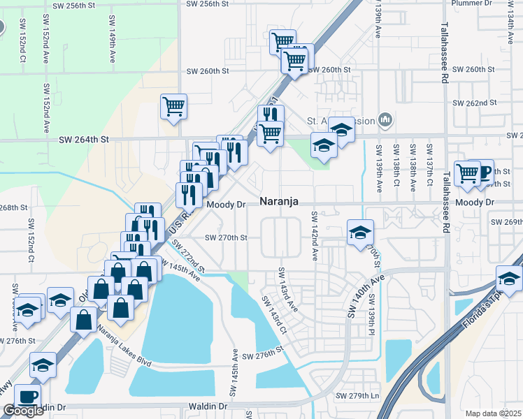 map of restaurants, bars, coffee shops, grocery stores, and more near 14340 Southwest 268th Street in Naranja