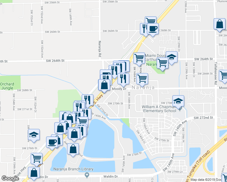 map of restaurants, bars, coffee shops, grocery stores, and more near 14501 Southwest 268th Street in Naranja